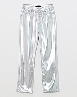Silver Metallic PU Straight Leg Trousers