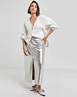 Silver PU Front Split Midaxi Skirt