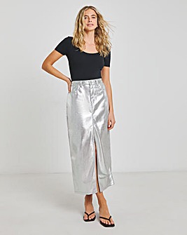 Silver PU Front Split Midaxi Skirt