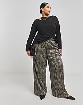 Gold Metallic Pleated Wide Leg Trousers