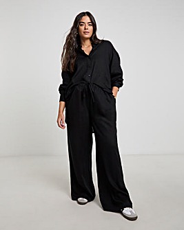 Black Tie Waist Linen Wide Leg Trousers