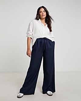 Navy Tie Waist Linen Wide Leg Trousers