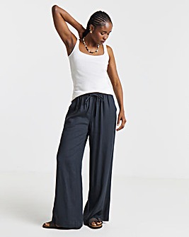 Simply Be Navy Tie Waist Linen Mix Wide Leg Trousers