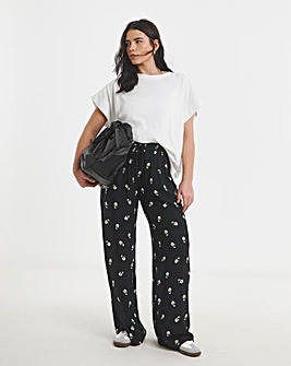 Black Daisy Print Crinkle Wide Leg Trousers