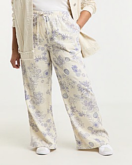Ivory Floral Print Tie Waist Linen Mix Wide Leg Trousers