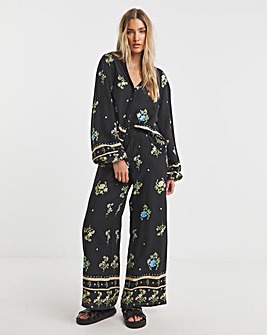 Black Floral Border Print Wide Leg Trousers