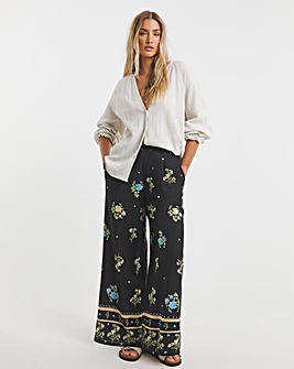Black Floral Border Print Wide Leg Trousers