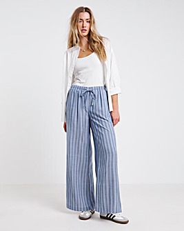 Blue Stripe Tie Waist Linen Look Wide Leg Trouser
