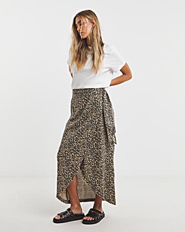 Leopard Linen Wrap Midi Skirt