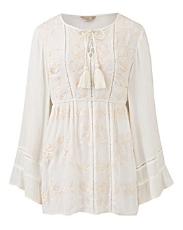 Ivory Crinkle Embroidered Tassel Top