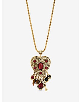 Mood Antique Gold & Red Resin Heart Charm Long Necklace