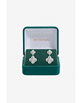 Jon Richard Rhodium Plated and Diamond Clover Double Drop Earrings - Gift Box