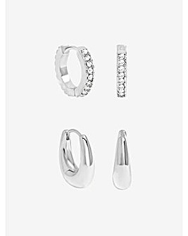 Jon Richard Silver Plated Polished and Pave Hoops - Pack of 2