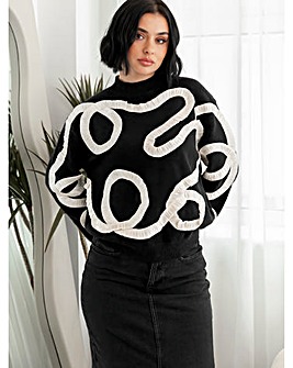 Lovedrobe Black Jumper With Contrasting Satin Squiggle Applique