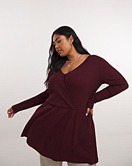 Burgundy Ribbed Soft Touch Mock Wrap Top