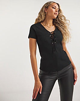 Black Ribbed Lace Up Top