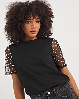 Black Foil Spot Mesh Sleeve Tee