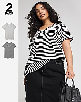 Grey Marl & Stripe 2 Pack V Neck Longline T-Shirts