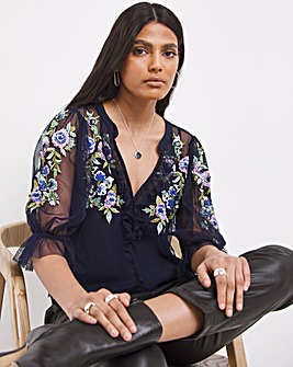 French Connection Ambre Embellished Cluster Puff-Sleeve Top