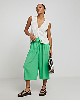 Green Crinkle Tie Waist Wide Leg Culotte