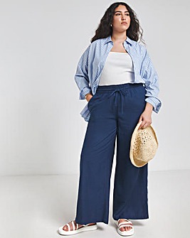 Navy Easy Care Linen Mix Wide Leg Trouser