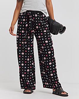 Black Daisy Crinkle Tie Waist Wide Leg Trouser