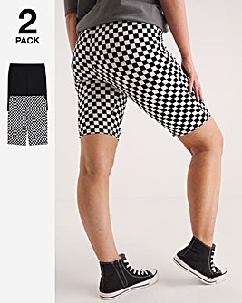 2 Pack Black / Checkerboard Printed Cycling Shorts