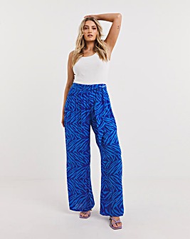 Blue Zebra Print Crinkle Tie Waist Wide Leg Trouser