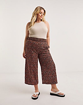 Animal Print Lightweight Woven Shirred Waist Culotte Trouser