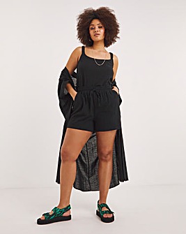 Black Linen Look Tie Waist Short