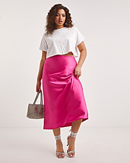 Hot Pink Elasticated Waist Stretch Satin Midi Skirt