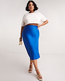 Cobalt Elasticated Waist Satin Midi Skirt