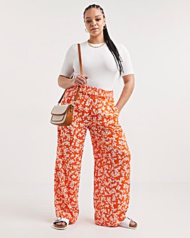 Orange Floral Print Lightweight Woven Shirred Waist Wide Leg Trouser