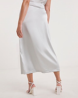 Silver Lace Up Detail Premium Stretch Satin Midaxi Skirt