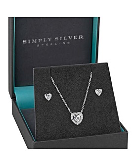Simply Silver Sterling Silver 925 Cubic Zirconia Heart Earring And Necklace Set