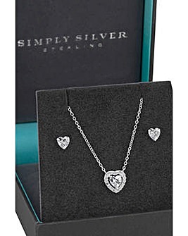 Simply Silver Sterling Silver 925 Cubic Zirconia Halo Heart Set - Gift Boxed