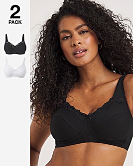 Naturally Close 2 Pack Sarah Non Wired Cotton Rich White/Black Bras