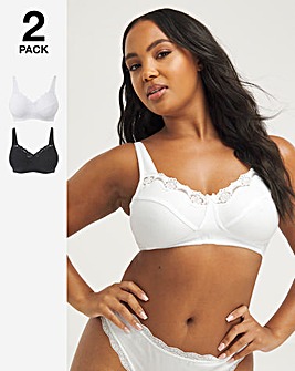 Naturally Close 2 Pack Sarah Non Wired Cotton Rich White/Black Bras