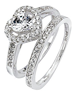 Sterling Silver Cubic Zirconia Two-Piece Heart Ring Set