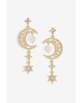 Mood Gold Crystal And Pearl Moon Charm Drop Earrings