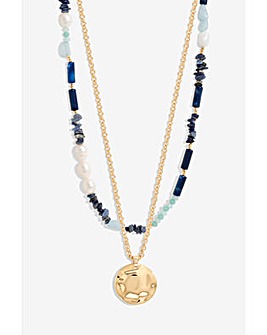 Mood Gold Blue Bead And Molten Disc Layered Necklace - Pack Of 2