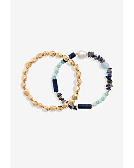 Mood Gold Blue Bead And Molten Disc Layered Bracelets - Pack Of 3