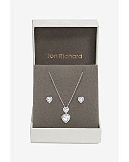 Jon Richard Rhodium Plated Cubic Zirconia Halo Double Heart Set - Gift Boxed