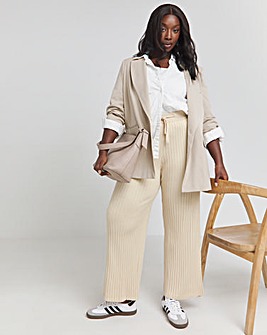 Beige Ribbed Knitted Wide Leg Trousers