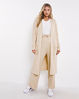 Beige Ribbed Knitted Wide Leg Trousers