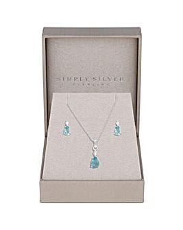 Simply Silver Sterling Silver 925 Cubic Zirconia and Aqua drop set- Gift Boxed