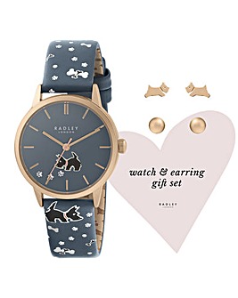 Radley Ladies Blue Print Strap Watch & 18ct Rose Gold Plated Twin Earring Set