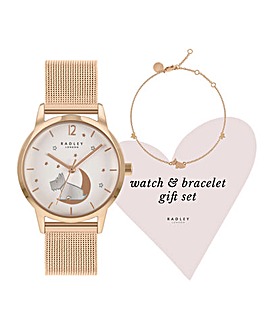 Radley Rose Gold Stainless Steel Mesh Dog & Moon Design Watch and Bracelet Set