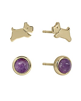 Radley 18ct Gold Plated Pink Stone and Jumping Dog Twin Pack Earrings