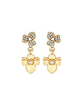 Mood Gold Crystal And Pearl Flower Double Drop Earrings